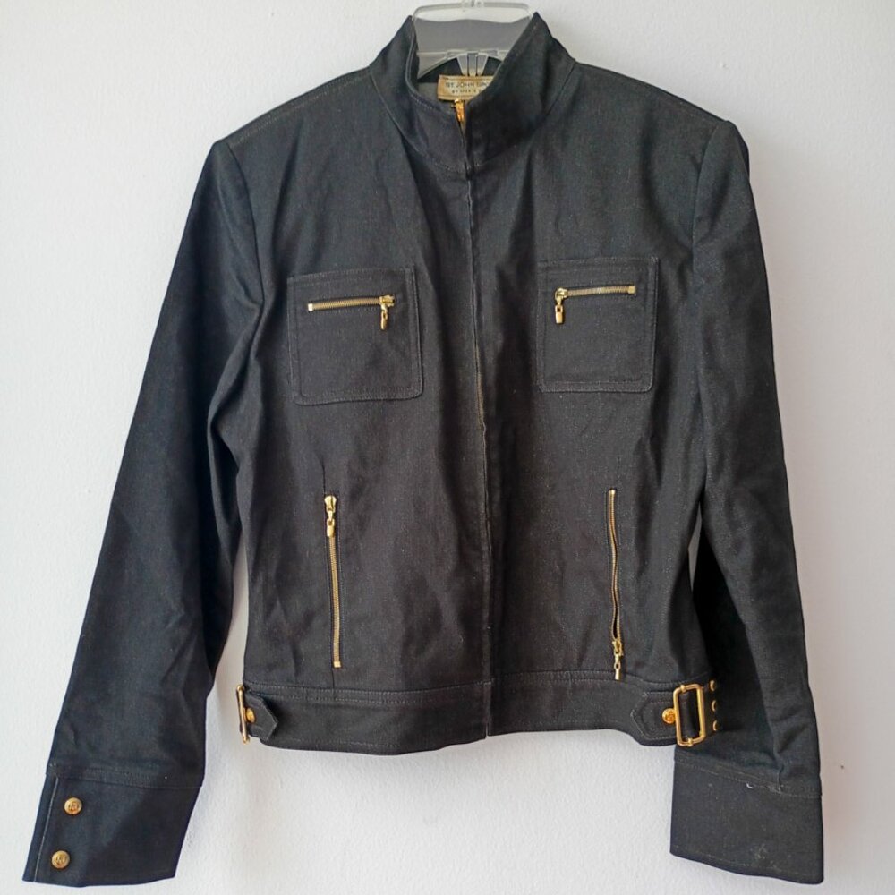 St John Sport Lightweight Denim Black Zip Jacket with Gold Hardware | Size P
